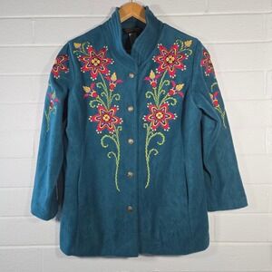 Vtg Bob Mackie Wearable Art Teal Fleece Floral Embroidered Jacket Medium Artsy
